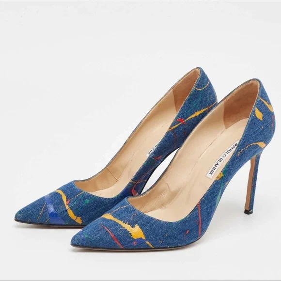 Manolo Blahnik Denim Paint-Splatter Pumps, Size 42 - Picture 3 of 9